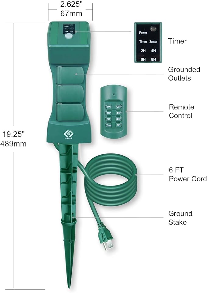 Outdoor Remote Control Power Stake with Photocell Timer 2/4/6/8 Hour Countdown, Dusk to Dawn, 3 Grounded Outlets 6FT Cord, UL Listed, Green