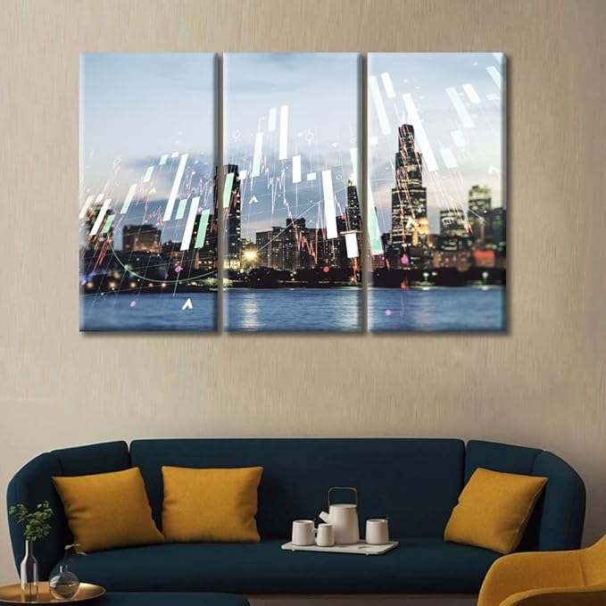Chicago Skyline Background Forex and Investment Concept Pictures Wall Art 3 Panel Abstract Virtual Financial Graph Hologram Paintings for Living Room Bedroom Bathroom Office Ready to Hang (36"Wx24"H)