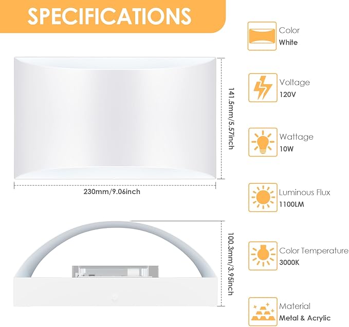 FOLKSMATE Modern LED Wall Sconces Set of 2, 3000K Warm White Up and Down Mount Light, White Large Interior Wall Lights Hardwired Lamp for Indoor Living Room Bedroom Hallway Basement Stairway