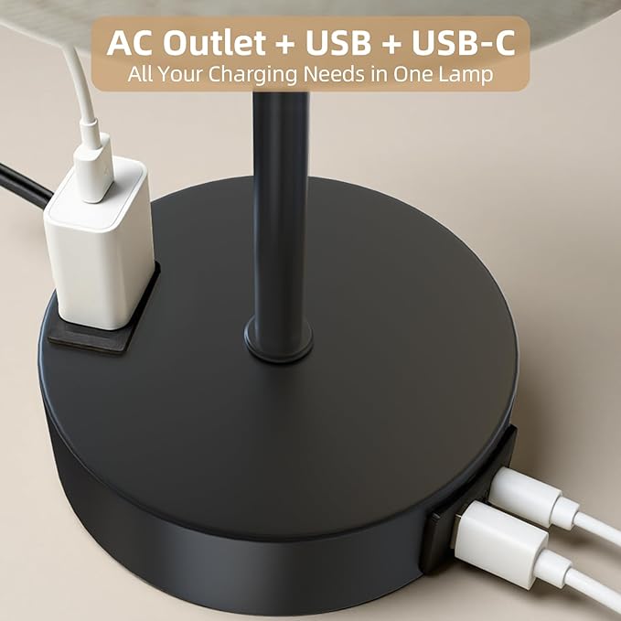 Table Lamp for Nightstand, High-Sensitivity Touch, 3-Level Dimmable Bedside Lamp with AC Outlet | USB | and USB-C, Ideal Night Stand Lamp for Bedroom, Reading, Living Room (Beige&Black)