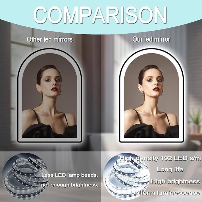 20 x 28 Inch Black LED Arch Mirror with Lights Black Frame Arched LED Vanity Mirror for Bathroom Wall Makeup Desk Black Framed Arch Lighted Mirror 3Color AntiFog 28" Arch Smart Light up Mirror
