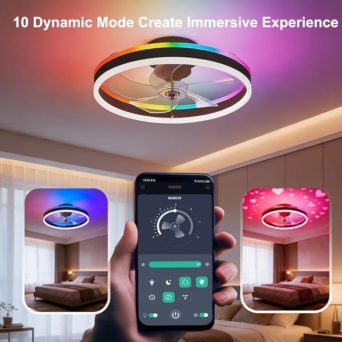 RGBW Ceiling Fan with Light, 20" Flush Mount Low Profile Smart Fan Light with App & Remote Control, 6 Speeds Reversible, 3CCT Dimmable LED Bladeless Fandelier Quiet DC Motor for Bedroom Living Room