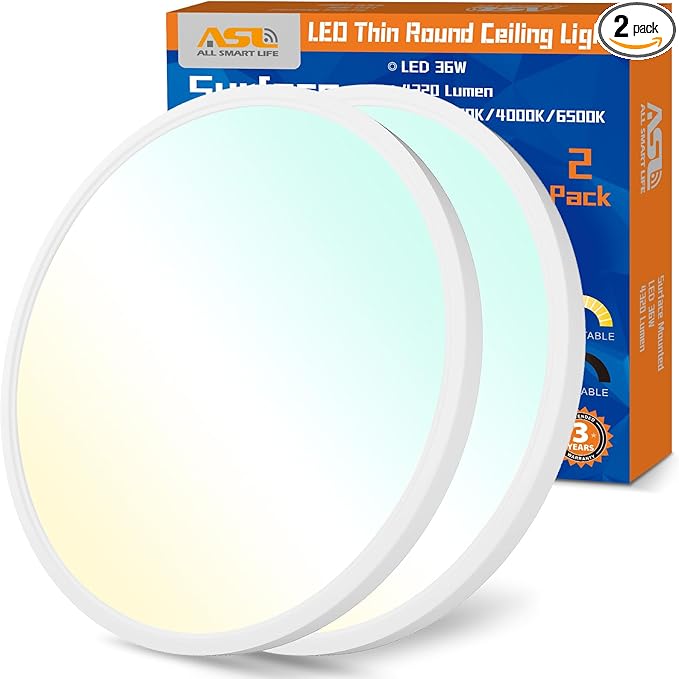 Allsmartlife Led Flush Mount Ceiling Light 2 Pack, 15.8 inch 32W 4320lm Dimmable Led Ceiling Light, 3000K/4000K/6500K, Round Led Light Fixture for Laundry Room, Hallway