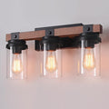 3 Light Farmhouse Vanity Light, Rustic Black Bathroom Light Over Mirror with Clear Glass Shade, Wood Grain Vintage Farmhouse Wall Sconces for Bathroom, Living Room, Hallway