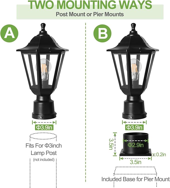 FUDESY Outdoor Post Light, Exterior Lamp Post Light Fixture with Pier Mount Base, Waterproof Pole Lantern Lighting with E26 Socket, Matte Black Plastic Lamp for Garden Patio Pathway(Bulb Included)