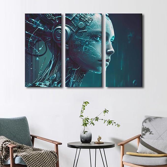 Binary Code Wall Art 3 Panel Artificial Intelligence Pictures Female Robot Wall Art Modern Artwork Home Wall Decor for Living Room Framed Gallery-Wrapped Ready to Hang, 42" Wx28 H