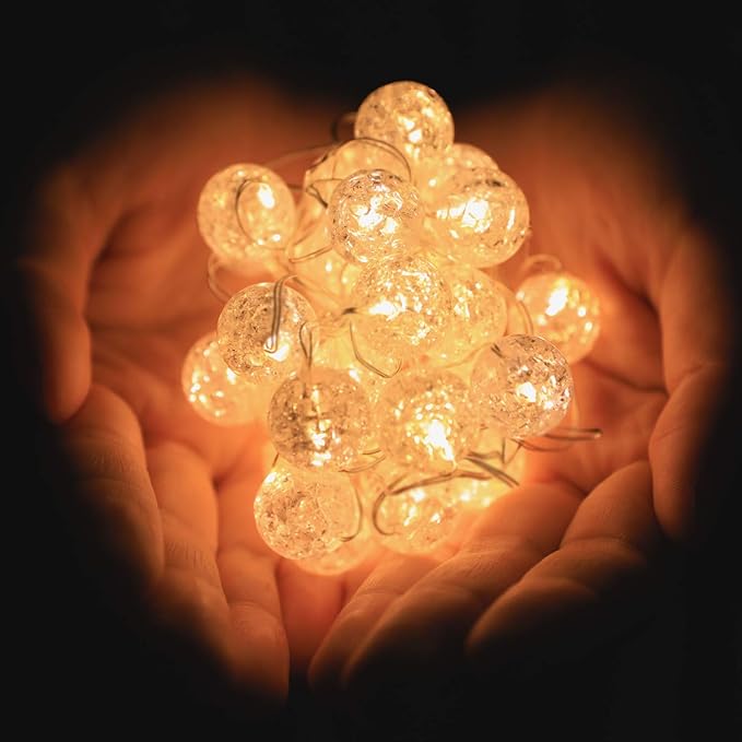 Globe String Lights for Bedroom, Decorative Lightning, Christmas Lights, Crystal Crackle Ball Lights 10Ft 30 LED Soft White Battery Operated Fairy Lights Perfect for Valentine's Day Decor