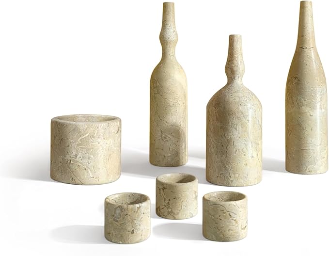 Glod Yellow Beige Marble Living Room Accessories Set Marble Beige+Gold Luxury 7 Pcs Sculptural Decor Elegant Indoor Decor