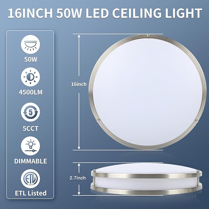 16Inch LED Ceiling Light Fixtures, Flush Mount Light Fixtures 50W, 5CCT Adjustable 2700K 3000K 4000K 5000K 6500K, Close to Ceiling Light for Kitchen Bathroom Kitchen Bedroom Brushed Nickel 2 Packs