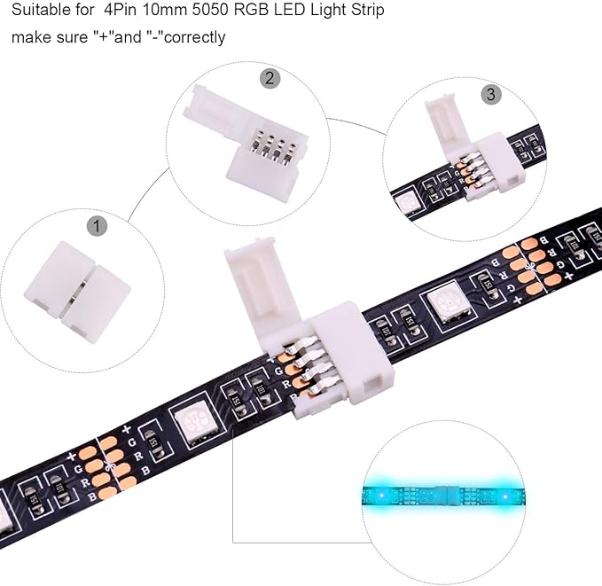 iCreating LED Strip Connectors 4 Pin, 5050 LED Light Connectors Kit Includes L Shape Connectors for Strip Lights 4Pin 10mm Strips Connectors for Controller 4 Pin LED Connectors Jumper