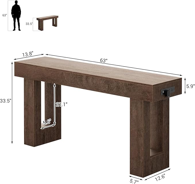 Unikito 63'' Farmhouse Console Table with Power Outlets and Sensor Light, Wooden Entryway Table with Storage, Rectangular Sofa Tables Behind The Couch for Entrance, Hallway, Living Room,