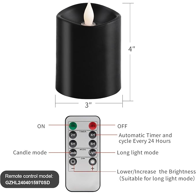 3x4 Flickering Flameless Candles Set of 1, 2AA Battery Life 600 Hours Battery Candles Flickering with Timer,4 inch Flameless Candles with Remote for Home Wedding Party Halloween Decoration, Black