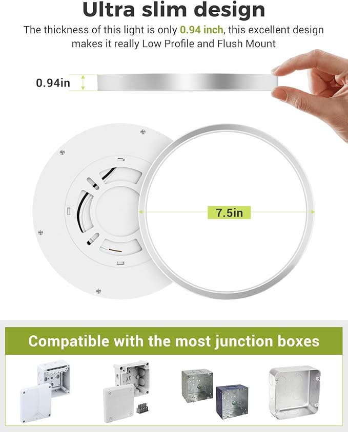 hepside 2PACK LED Flush Mount Ceiling Light, 3CCT Selectable 3000K-4000K-6500K & 100W Equivalent Modern Kitchen Recessed Ceiling Lamp 15W 1500Lm 7.5 Inch for Bathroom Closet Laundry Bedroom