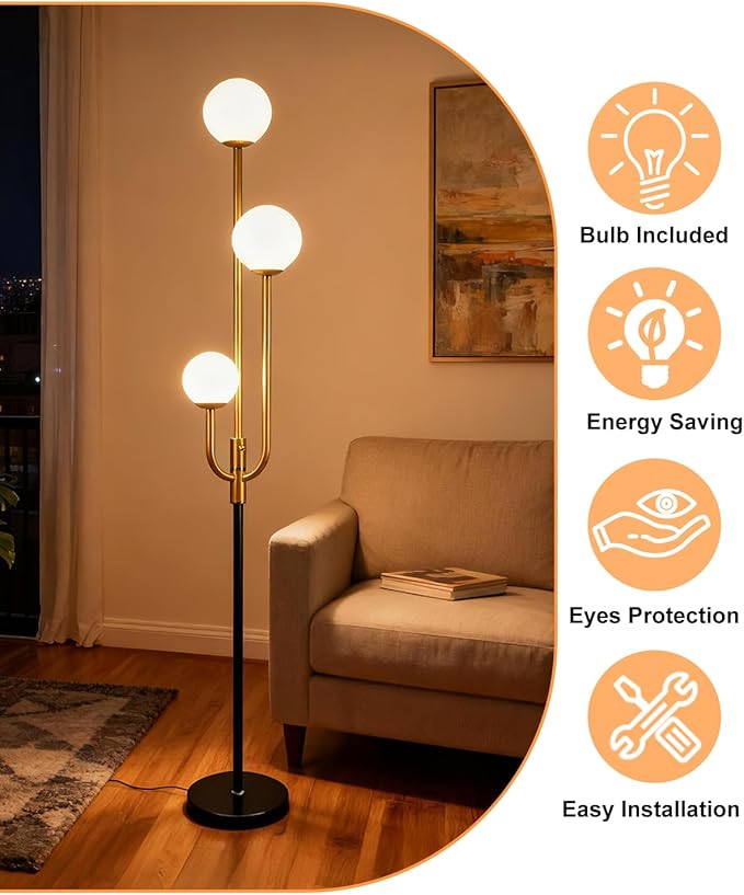 Lightdot 66IN Globe Floor Lamp 3-Lights Vintage Floor Lamps with 3000K Warm White Bulbs Included for Wedding Party Modern Tall Standing Lamp for Living Room/Bedroom-Gold & Black
