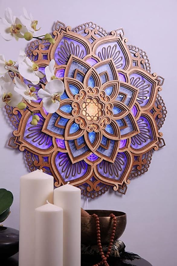 Naisicore Mandala Night Lights, 11.8inch Multilayered Cut Carved Mandala Hanging Lamp, Yoga Room Atmosphere Light, Wooden Decorative Lamps for Bedroom Wall Decoration