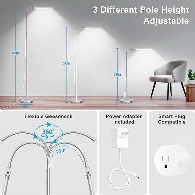 Bright Floor Lamp, 18W/2000LM Silver LED Floor Lamp with Double Head, Adjustable Gooseneck Dimmable Craft Light for Sewing Tatoo Puzzle，Eye Caring Reading Lamps for Living Room Bedroom Office