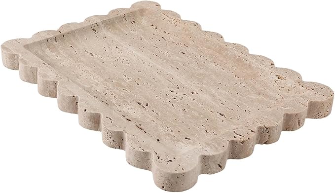 Natural Travertine Vanity Tray - 10.8"x8" Scalloped Marble Tray for Bathroom Kitchen Counter - Catch All Tray for Nightstand and Home Décor