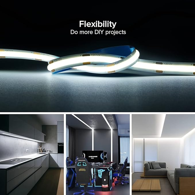 COB LED Strip Light 16.4FT 6000K Cool White DC12V Flexible High Density Uniform Bright COB Strips 480LEDs/m CRI90+ Dimmable LED Lights for DIY Kitchen Bedroom Home Decor, No Power/Controller