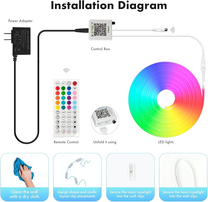Neon Rope Lights, 65.6FT RGB LED Strip Lights, Waterproof IP67 LED Lights for Bedroom, DIY Design, Music Sync, 44 Key Remote Control, Multiple Modes for Bedroom, Holiday Decoration