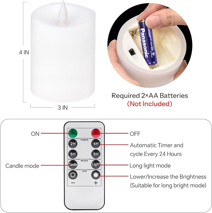 3x4 Flickering Flameless Candles Set of 1,Real Wax Pillar LED Battery Candles,with Timer,4 inch Flameless Candles with Remote,for Holiday Home Decor,White