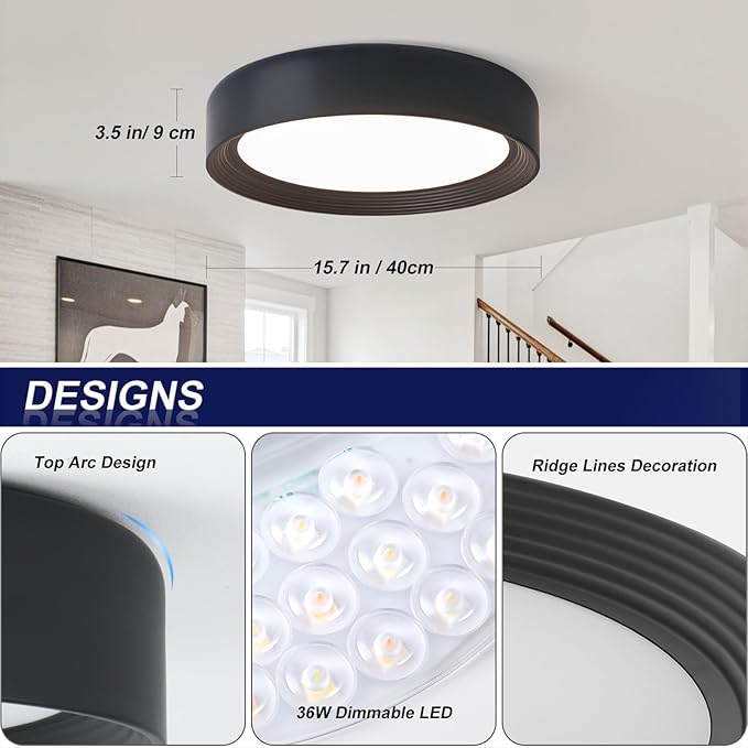 15.75 Inch Dimmable Black Flush Mount LED Ceiling Light,Modern Round Close to Ceiling Lighting for Living Room,Bedroom,Kitchen,Laundry Room