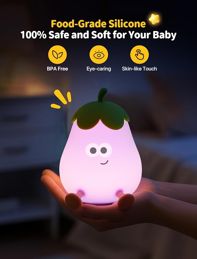 Eggplant Night Light for Kids, Nursery Night Lights, Bedside Touch Lamp, Cute Silicone Nightlight for Baby Boy Girl, 3 Level Dimmable Squishy Lamps Gift for Bedroom Kids Room Decor