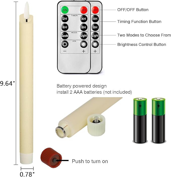 salipt Flameless Ivory Taper Candles Flickering with Timer and 10-Key Remote, Battery Operated LDE Warm 3D Wick Light Window Candles Real Wax Pack of 4, Christmas Home Wedding Decor(0.78" X 9.64")