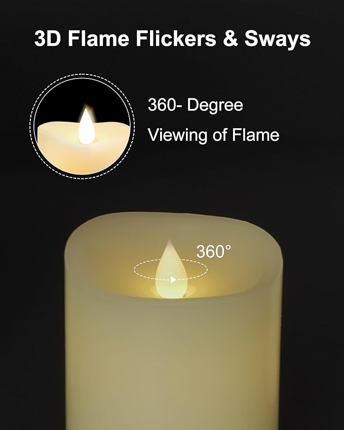 LOGUIDE Flickering Flameless Candles with Remote Timer, Realistic 3D Moving Flame with Real Wax Pillar LED Candles,Lasting 500+Hours Battery Operated Candles for Wedding Decoration, Christmas,3 Pack