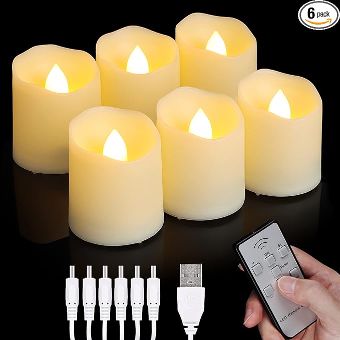 Rechargeable LED Tea Lights USB Flameless Warm White Votive Candles with Remote Battery Flickering Tealights Candle for Halloween Christmas Romantic Home Decoration (6 Packs,Warm White)