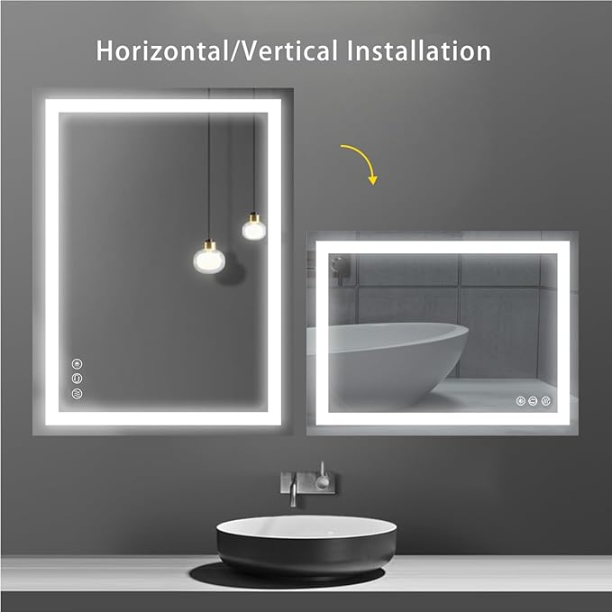 36x28 inch LED Lighted Bathroom Mirror with Anti-Fog, Wall Mounted Vanity Mirror with Smart Touch Button, Memory Function, Adjustable Warm White/Natural/Daylight Lights(Horizontal/Vertical)