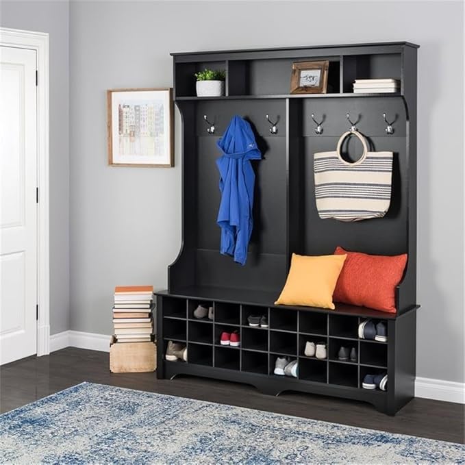 Prepac Black Hall Tree, Shoe Cabinet, Storage Cabinet with 24 Shoe Cubbies and 6 Double Coat Hooks 15.5" D x 60" W x 77" H