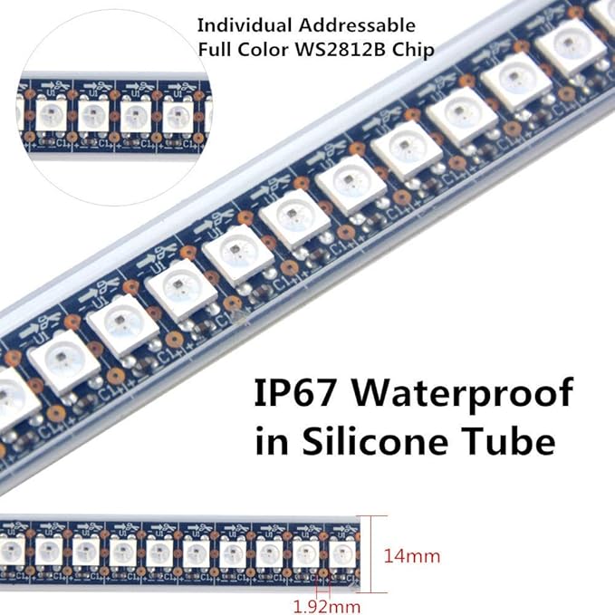 WS2812B LED Strip Lights 3.2ft 1M WS2812B 144LEDs Programmable Individual Addressable WS2811 Built-in 5050 RGB LED Strip IP67 Waterproof DC5V with Mini Controller