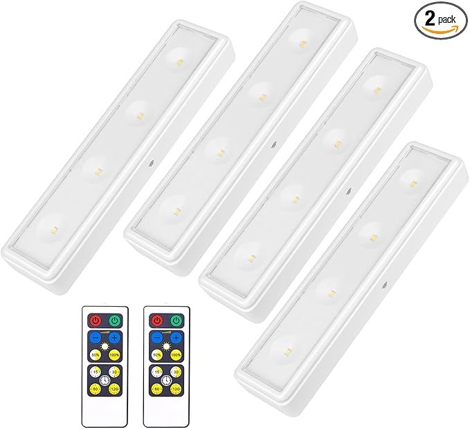 BIGMONAT Under Cabinet Lighting Wireless, Battery Operated Lights with Remote, 3000K Warm White Dimmable Push Light,80 Lumen Stick-On LED Lighting Bar for Shelf, Kitchen, Hallway, Pantry 4Pack
