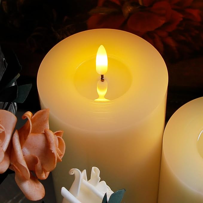 Flameless Flickering 4" x8" Real Wax Ivory Remote Candles with Candle Grease, Pack of 2 Timer LED Battery Operated Fake Warm Light Pillar Candles for Home, Banquet, Ceremony Decoration