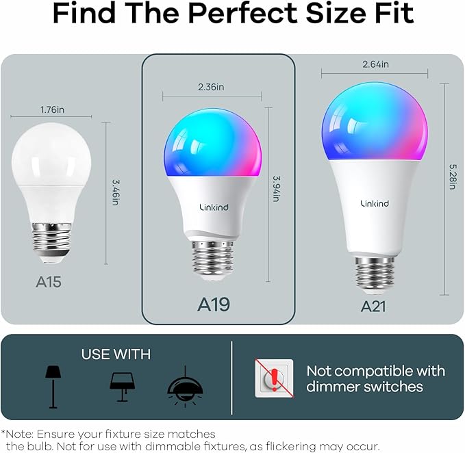 Linkind Smart Light Bulbs, A19 Smart Bulb - 1100LM(75W Equivalent), Works with Alexa & Google Home, E26 RGBTW Color Changing Bulbs with Music Sync, 2.4GHz Wi-Fi & Bluetooth, 11W, 4Pack