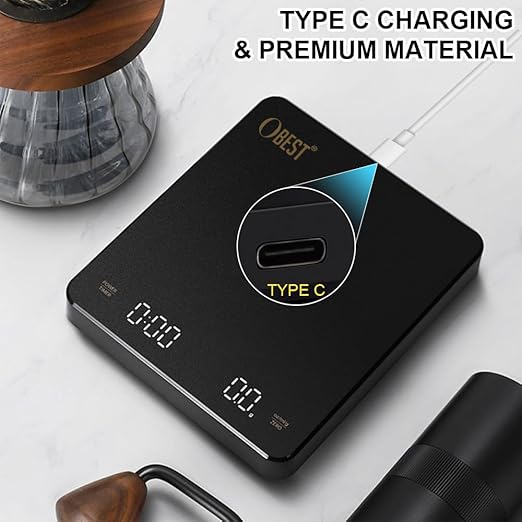 OBEST Mini Coffee Scale with Timer, Rechargeable Espresso Scale with Type-C, Travel Small Coffee Bean Scale with LED Display, Portable Digital Kitchen Scale, Pour Over Scale 3kg/0.1g Precision Black