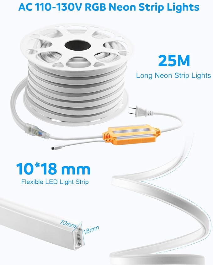 Aclorol 82FT RGB LED Neon Light Strip AC110V-130V LED Strip Light Outdoor Waterproof IP67 Dimmable Rope Light Color Changing with Remote Control for Bedroom Outdoor Garden Commercial Buliding 80Leds/M