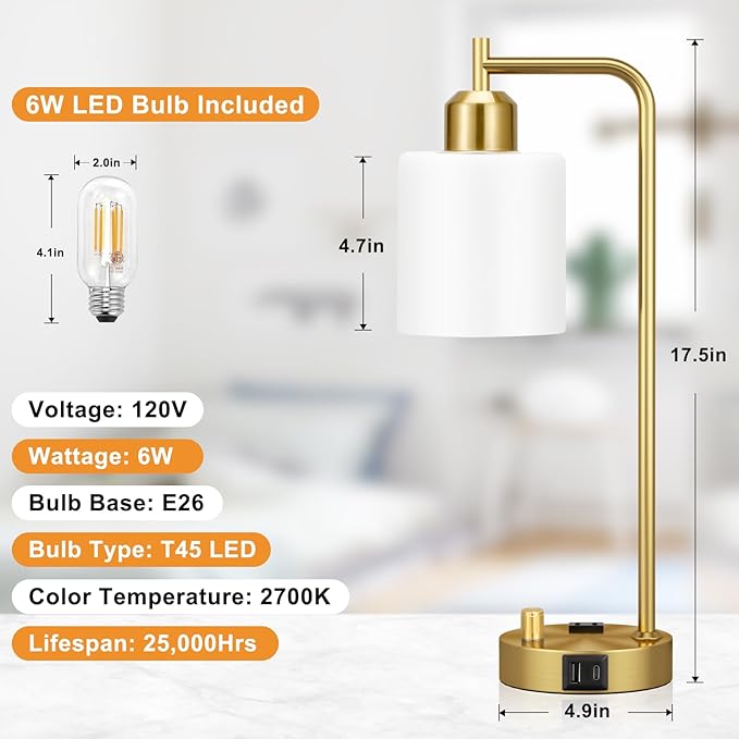 Innqoo Gold Lamp for Bedroom - Industrial Bedside Table Lamp with USB Port and Outlet, Fully Dimmable Nightstand Lamp with Opal Glass Shade, Small Desk Lamps for Home Office