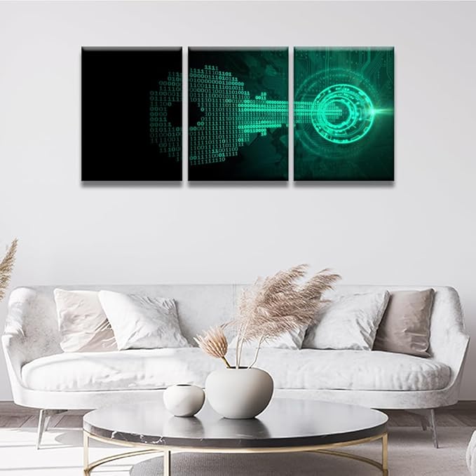 LSIUHWUWI 3 Panel Wall Art Abstract Key Made from Binary Code Fits Iinto A Lock Pictures Print on Canvas for Home Office Wall Decorations,Wooden Framed Ready to Hang, 12x16inchx3