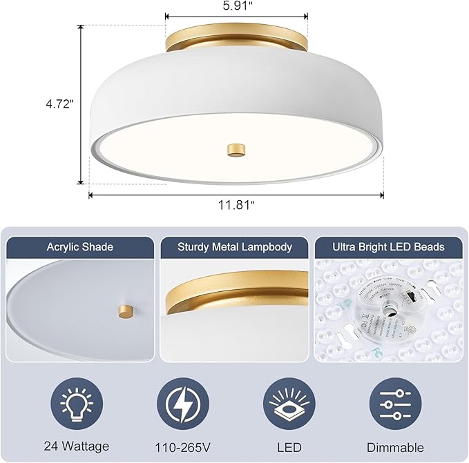 Dimmable LED Ceiling Light, White and Gold Light Fixture, Mid-Century Semi Flush Mount Ceiling Light 5CCT 2700K-6000K Ceiling Lamp for Laundry Room Kitchen, Bedroom, Hallway(11.8in)