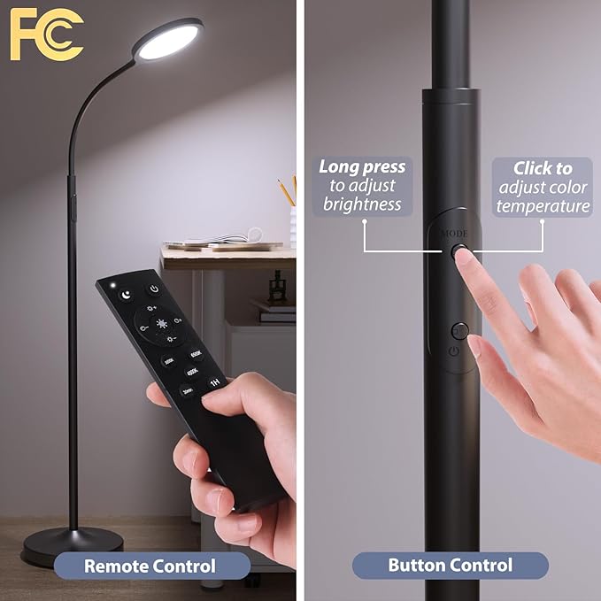 luckystyle Floor Lamp,Super Bright Dimmable LED Lamps for Living Room, Custom Color Temperature Standing Lamp with Remote Push Button, Adjustable Gooseneck Reading Floor Lamp for Bedroom Office Black