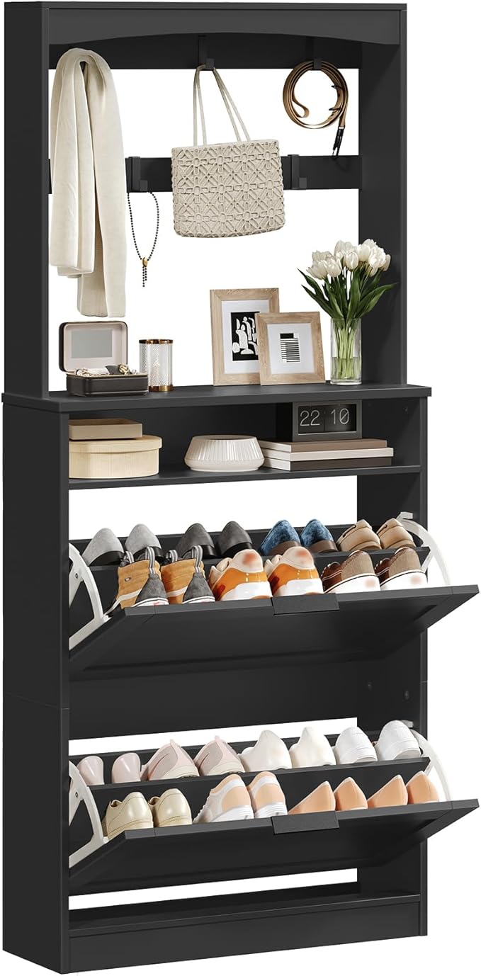 Tall Shoe Cabinet with Flip Drawers and Coat Rack, Floor Standing Modern Shoe Storage Organizer, 2-in-1 Hall Tree with Movable Hooks and Open Shelves, for Entryway, Black SC01BKY1