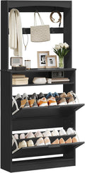 Tall Shoe Cabinet with Flip Drawers and Coat Rack, Floor Standing Modern Shoe Storage Organizer, 2-in-1 Hall Tree with Movable Hooks and Open Shelves, for Entryway, Black SC01BKY1