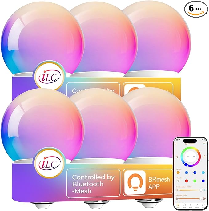 ILC G25 Globe Light Bulbs, App-Controlled Vanity Light Bulbs with Bluetooth Mesh, Color Changing, 1600 Million Colors, 6W, 60W Equivatlent, 600LM, CCT: 2700K-6000K, CRI>95+, E26 Base (6 Pack)