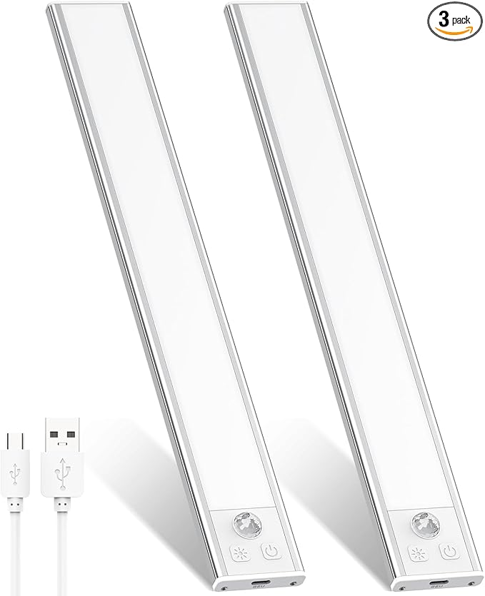 2 Pack Under Cabinet Lights, 52 LED Cold White Rechargeable Under Cabinet Lighting Motion Sensor LED Lights for Kitchen, Counter, Closet, Stairs (Silver - Cold White Light, 12.2 Inch - 2 Pack)