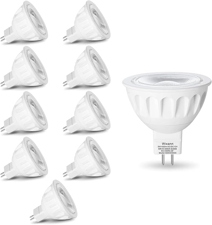 Wixann MR16 LED Bulbs Dimmable, 5W 3000K Soft Warm White, 450LM,12-Volt Gu5.3 Bi-Pin Base, 40 Degree Spot Lighting for Indoor. (10 Pack)