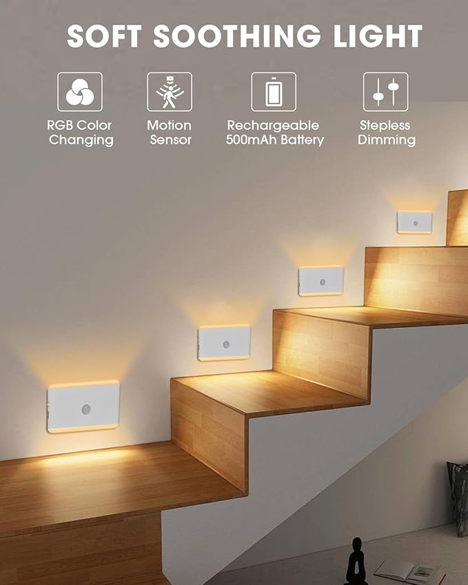 LAVAED Motion Sensor Night Light Indoor,RGB Charging Cordless Stair Lights,LED Wireless Step Light 500mAh Rechargeable Battery Operated Stick On Light for Hallway,Kitchen,Closet,Cabinet,Bedroom(2pack)