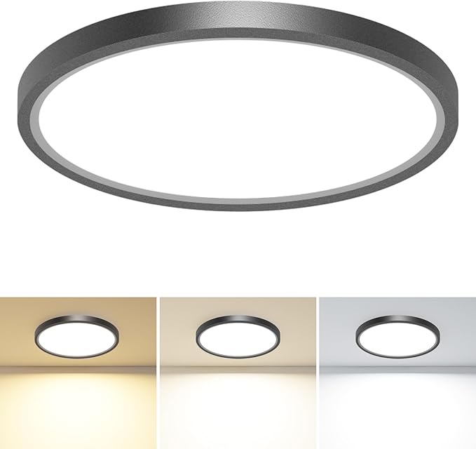 1PACK LED Flush Mount Ceiling Light Fixture, 3000K-4000K-6500K & 100W Equivalent Modern Kitchen Ceiling Lamp 24W 3200Lm 12 Inch Closet Round Surface for Bathroom Laundry Bedroom Hallway, Black