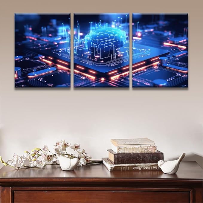 Multi Panel Large Wall Art Cloud Computing transfer Data on Internet Pictures Print On Canvas for Living Room Decoration, CPU Artwork Framed Ready to Hang, 12x16inchx3