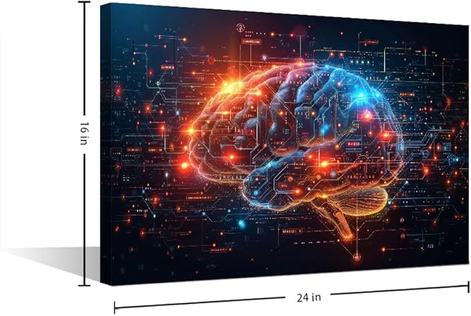 Artificial Intelligence Human Brain Canvas Wall Art Neural Networks Painting Wall Decorations for Living Room Technology Posters Data Code in Brain Pictures for Bedroom Wall Decor 16"Wx24"Hx1 Panel